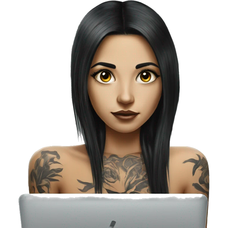 Hyperrealistic girl with black long hair tattoos laptop emoji
