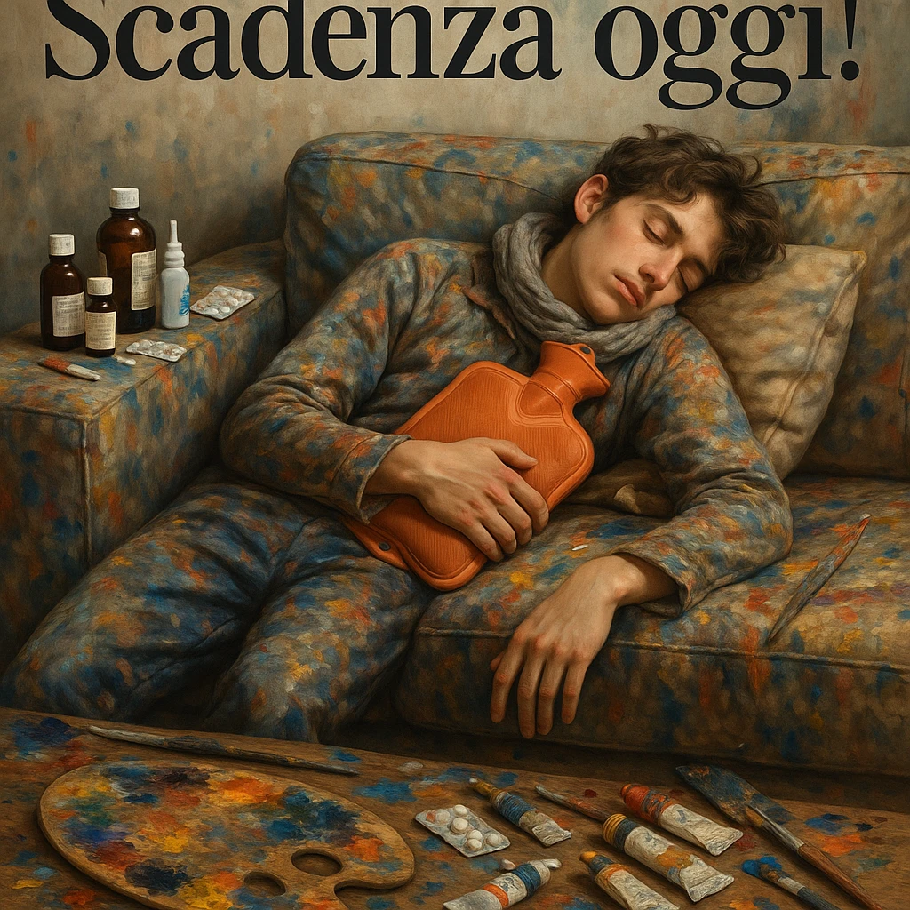 Young artist asleep on a paint-stained sofa, above the Italian text 'Scadenza oggi!', medicine bottles and hot water bottle as supplies, chaotic and creative atmosphere, hyperrealistic details 4K, Italian text. emoji