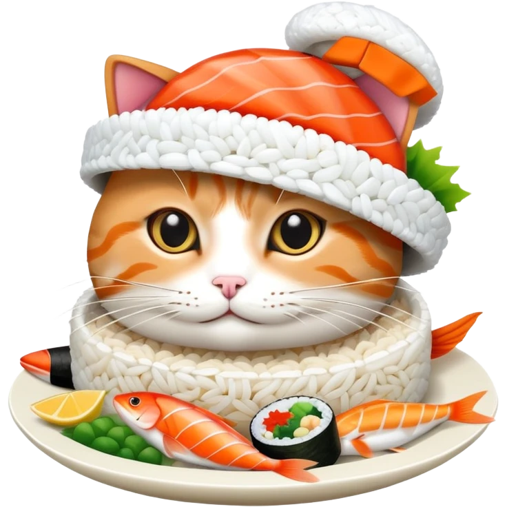 cat wearing a hat with a rice base and multiple fish pieces on top, sushi hat emoji