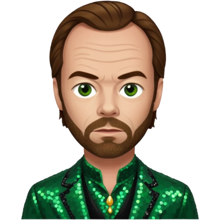 Hugo Weaving with brown hair, dark green sequin outfit emoji