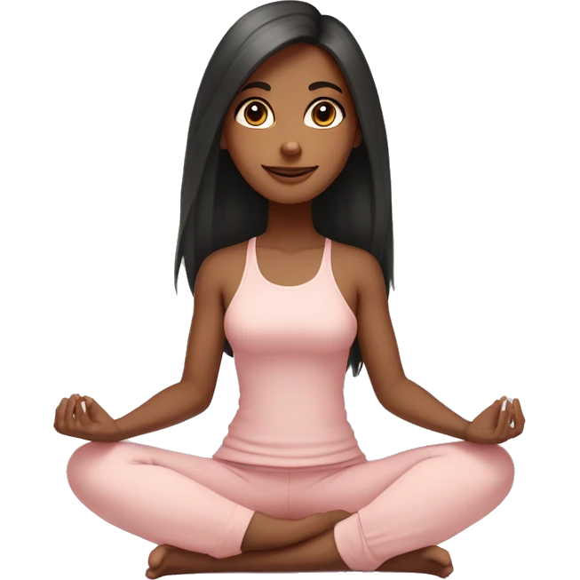 black long hair and brown eyes with long eyelashes tan skin yoga girl in light pink clothes sitting on a yoga mat  emoji