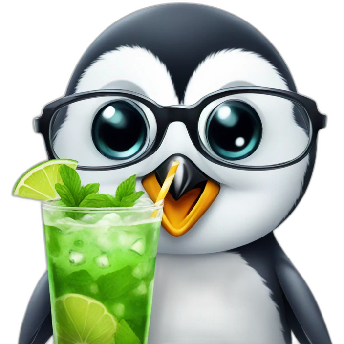 baby penguin with big glasses drinking mojito emoji