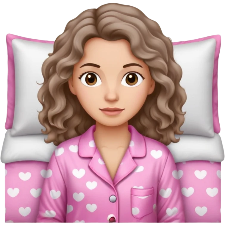 mulher branca de cabelos ondulado, olhos castanhos escuro de pijama rosa emoji