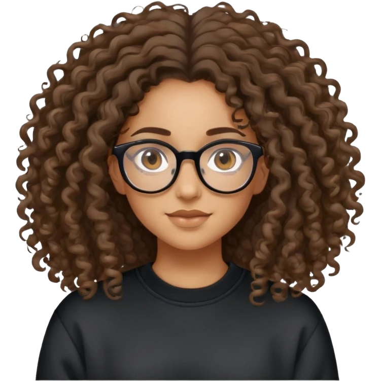 Mixed girl /curly long hair brown / with brown eyes glasses black sweat shirt middle part attached hair emoji