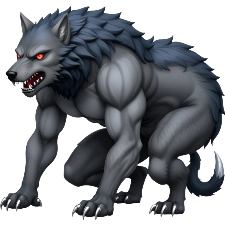 cinematic-noble-fierce-werewolf-full body on all fours-emoji, poised-and-imposing, with a tall, lean, and muscular wolfish frame inspired by the brutal, imposing shape of the beast from Berserk, fur rippling in shades of midnight black and silver, massive paws with razor-sharp claws, elongated limbs and fangs, eyes glowing with an intense, primal ferocity, reflecting the untamed power of the wild moonlit night; rendered with realism like a wolf hunched over battle ready pose ready to attack emoji