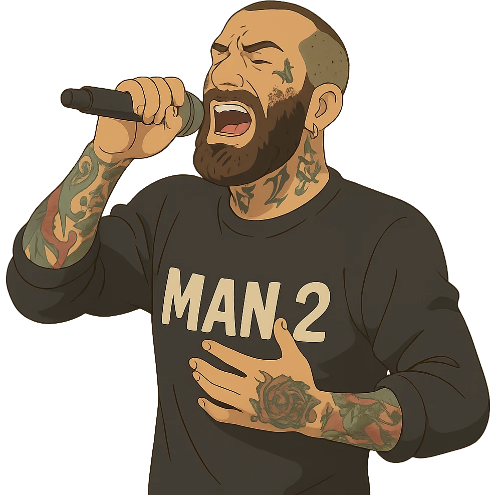 ghibli style Amir Tataloo passionately performing 'Man 2' emoji