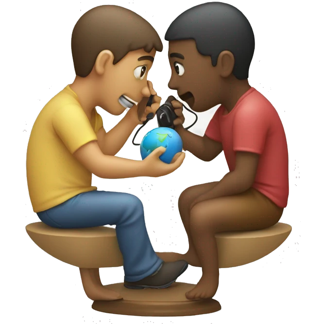 two person communicating using cup and string (the toy phone) place in two continent on a globe  emoji