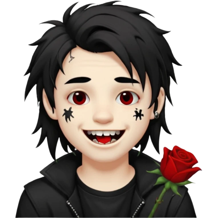 Laughing pale Goth boy with a bunch of face piercings, with shaggy dark brown hair, and messy black eyeliner , smudged, red, lipstick , with a tan gamer boy with long black hair  emoji
