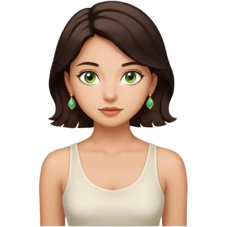 Cor da pele, moreninha, pele em tom claro, olhos verdes, rosto arredondado mas não tanto, cabelo liso ondulado levemente castanho escuro, sem franja com um vestido branco de regata bonito, clavículas marcardinhas, elegante fofa, brinco delicado e maquiagem leve, fundo de tons pastéis  emoji