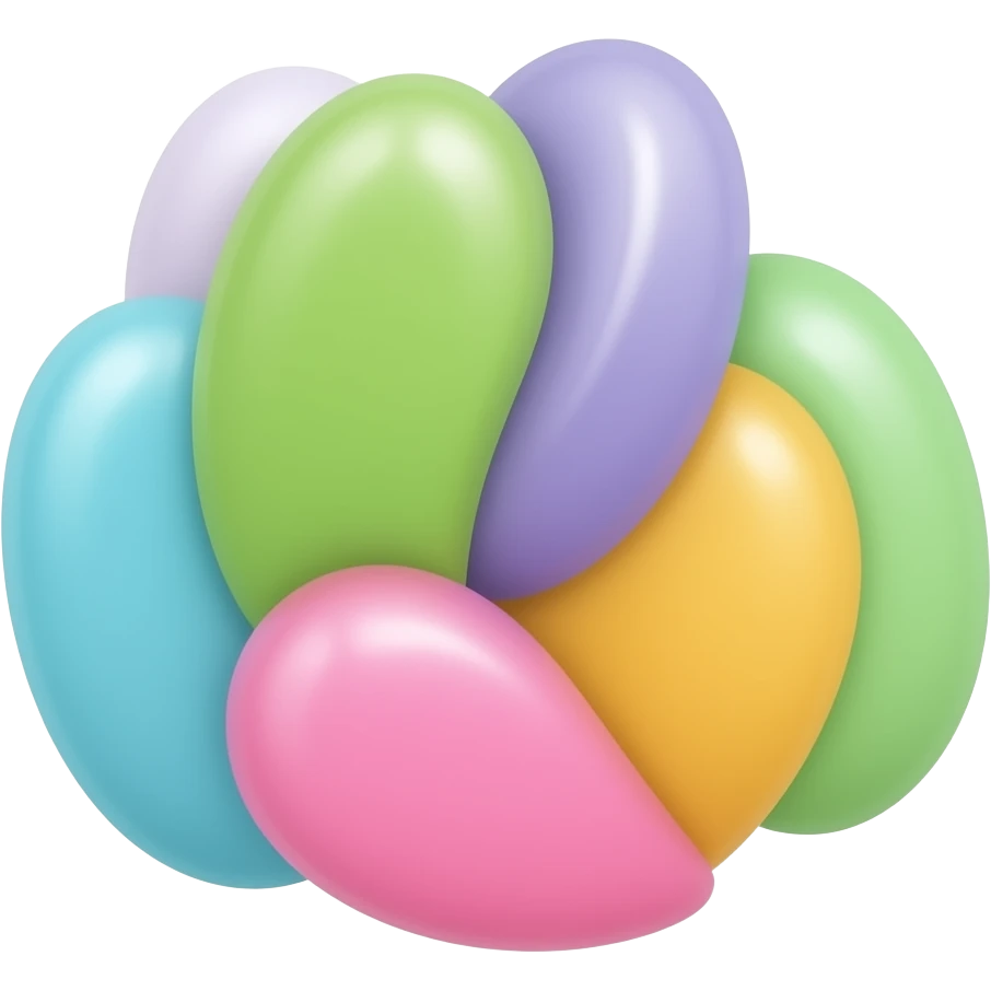 6 bonbons jelly beans, poignée de jelly beans au sol qui se touche, multicolore pastel clair, turquoise vert mauve rose jaune emoji