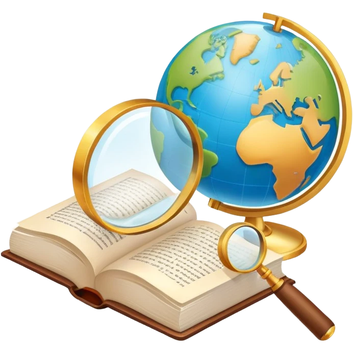 An icon featuring an open book, a speech bubble, and a magnifying glass, symbolizing philology and linguistics. The design includes language symbols, a globe, and alphabet letters, representing the study of languages and their structures. Transparent background  emoji
