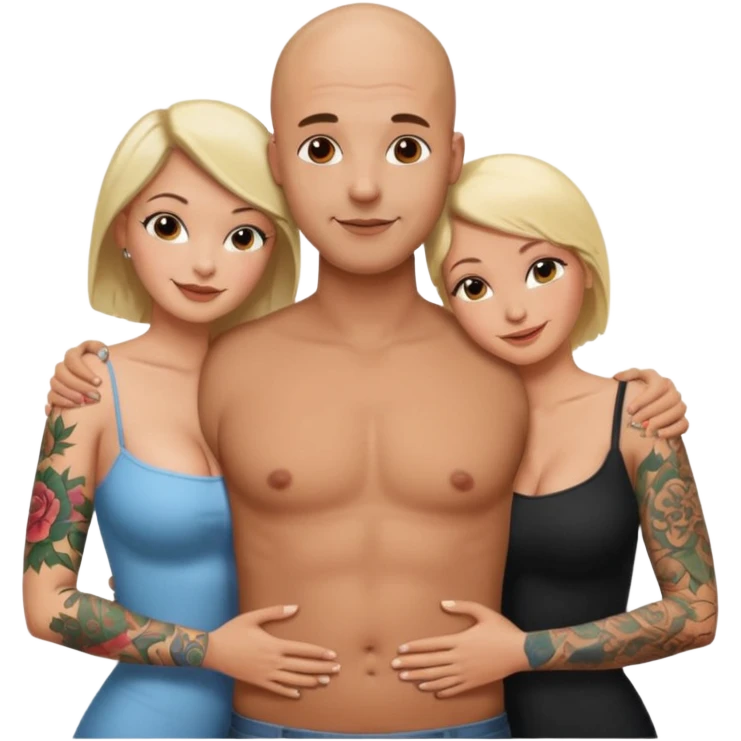 throuple tattooed sleeves bbald male with topless naked big boobed brunette and topless naked big boobed blonde girlfriends  lovingl  and sexy polygamy hott emoji