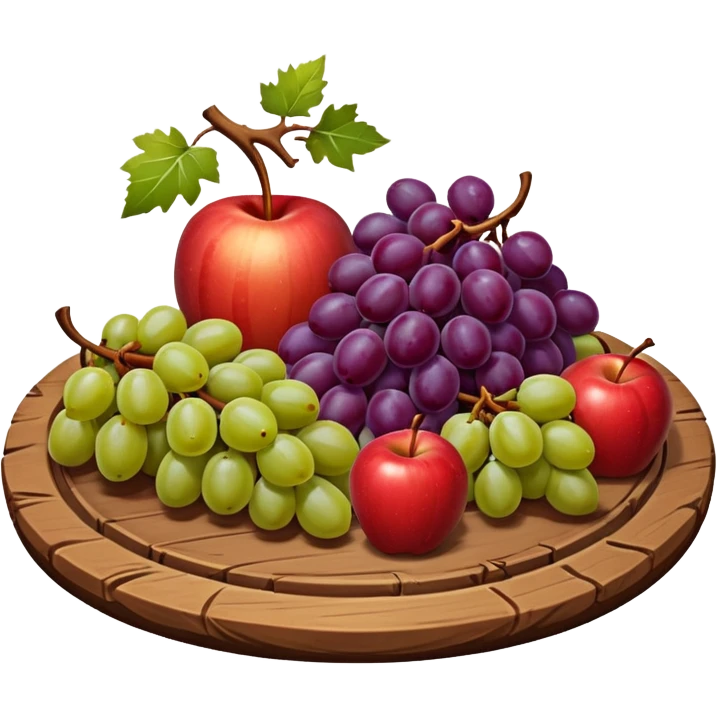 medieval fruit platter object icon, grapes and apples and pears, rustic plate, 3D cartoon, mobile game icon style, clean background, no text, no watermark
 emoji