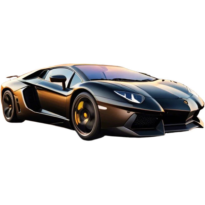 Lamborghini Aventador driving down the street, headlights blazing. The sky glows in warm sunset hues, reflecting off the sleek car. Motion blur emphasizes speed, with palm trees and city lights in the background. Transparent background. emoji