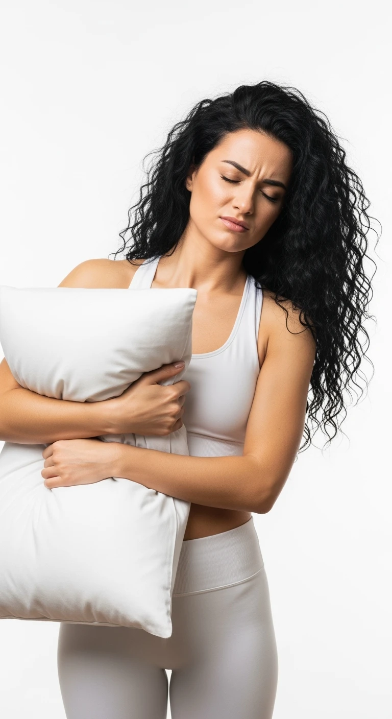 DONNA FITNESS con cuscino in mano e occhi chiusi perché non dorme, ISOLATA SU SFONDO BIANCO emoji