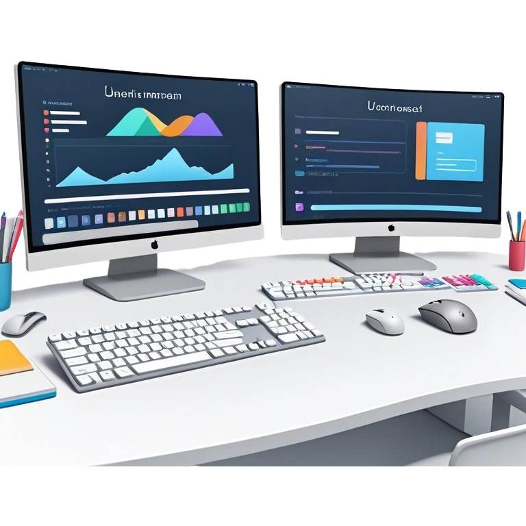 Create an emoji for UX/UI design. Show two large curved monitors displaying UX/UI design interfaces. Include a mouse, keyboard, and stylus next to the screens. Use modern, professional colors. Do not include any emojis or smiley faces. Make the background transparent. emoji