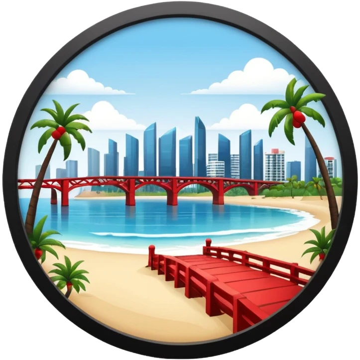 a circle island with modern buildings, a beach with palm trees in the front. also, a red bridge behind.  emoji