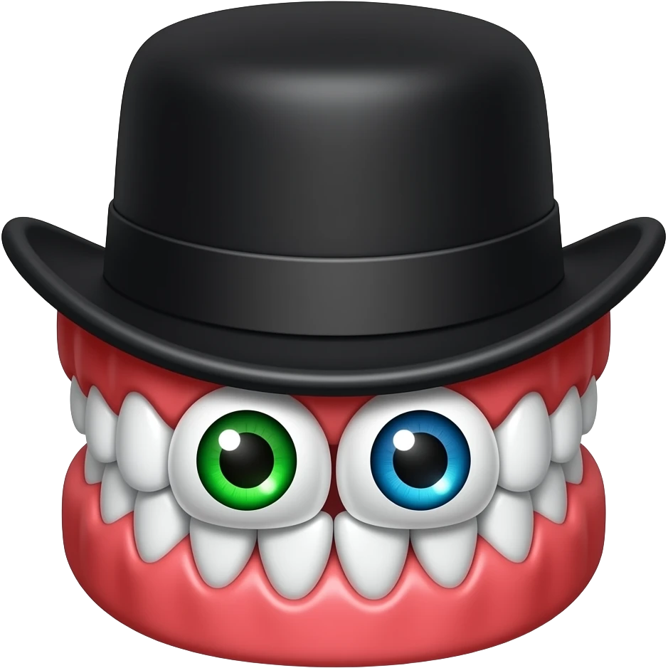 Caine from The Amazing Digital Circus, set of dentures with red gums, eyes placed within the jaw, one green eye, one blue eye, wearing a small black top hat emoji