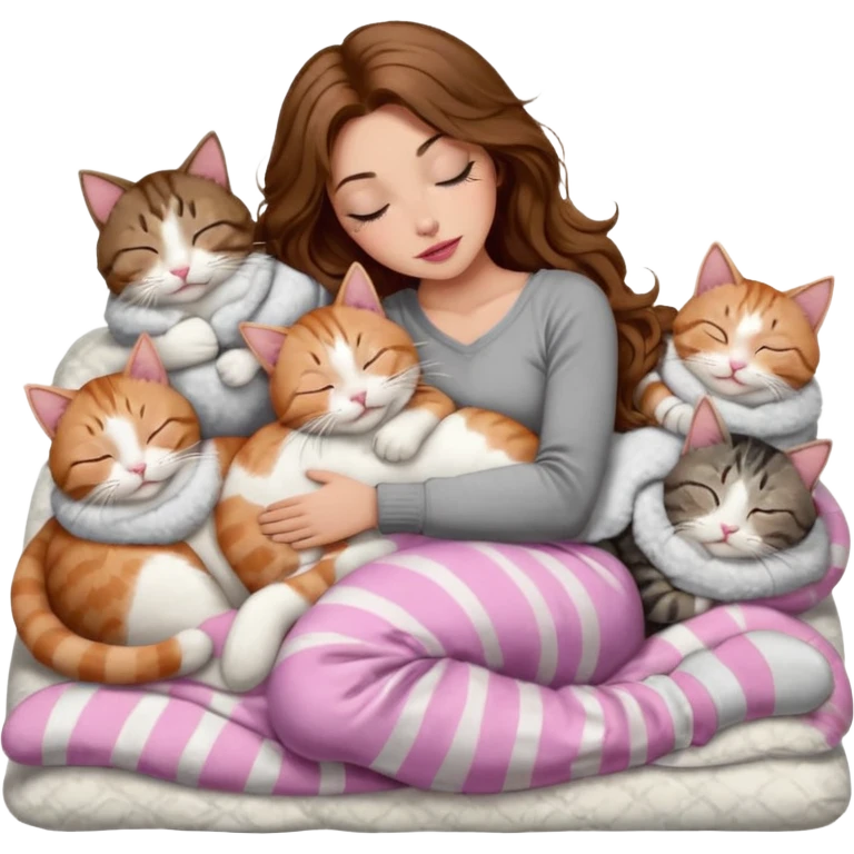girl with long wavy brown hair, brown eyes, long lashes makeup, sexy pink lips, light to medium complexion,  sleeping on a cozy pillow, with 6 cats: 1 brown and white tabby cat, 1 ginger and white, 2 grey and white, 1 grey with white mittens and small white patch on chest and 1 calico, sleeping emoji