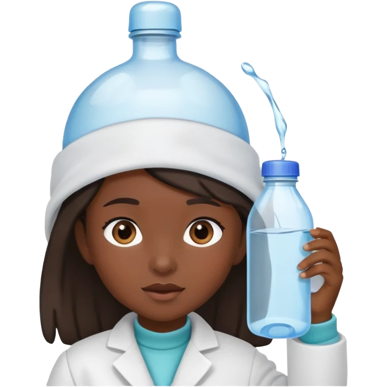a young girl with dark skin, dressed a bit like a doctor, with a water bottle on her head emoji