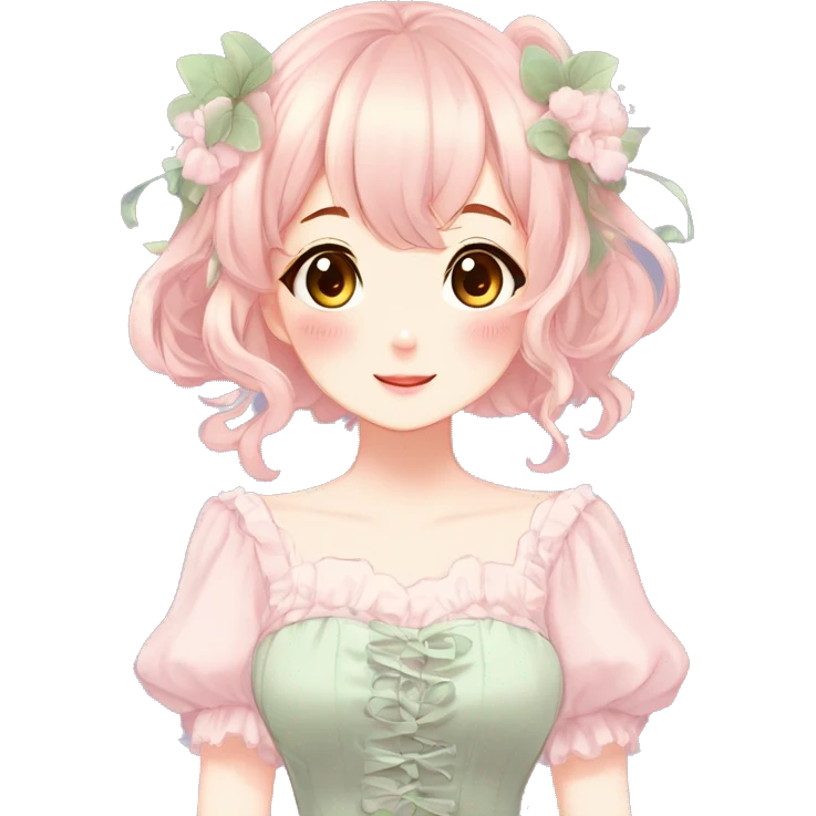 Gorgeous anime style lady with blushing face and a dress cottagecore fairycore  Kawaii anime colorful pearly romantic simplistic aesthetic trending style emoji