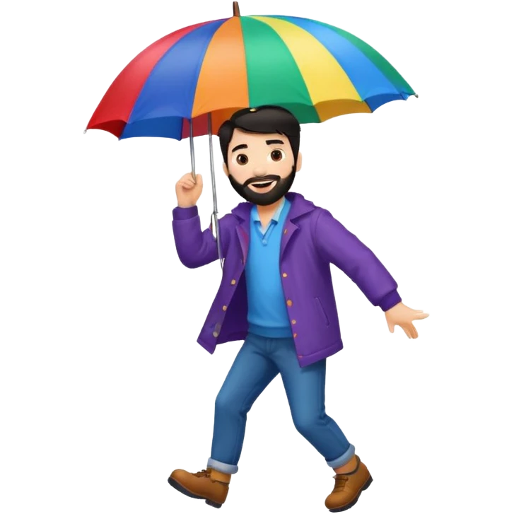 A dark-haired boy with a white beard dancing with an umbrella in the rain emoji