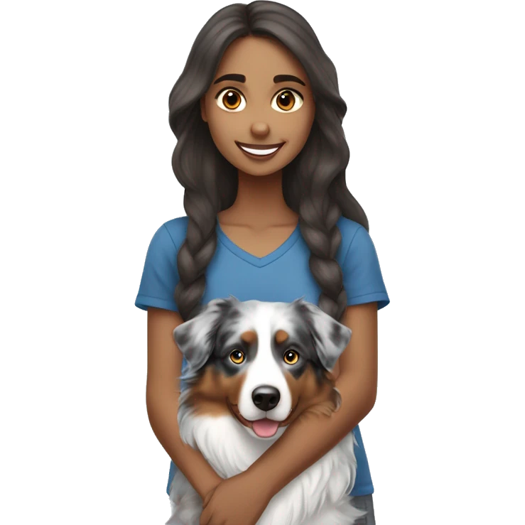 Girl with long brown hair holding blue merle Australian shepherd  emoji