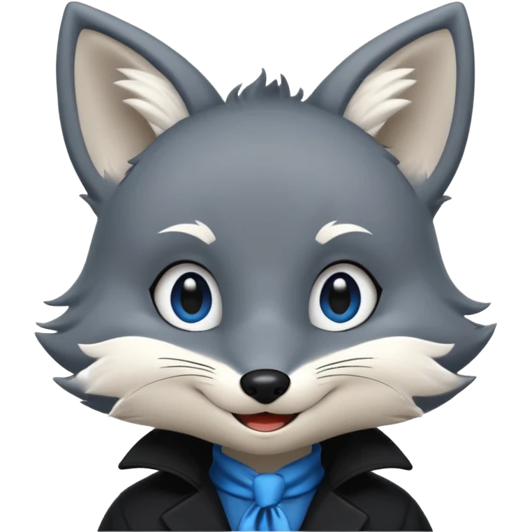 Grey anthropomorphic furry fox with a black coat, blue eyes, and a small fringe of black hair, smiling emoji