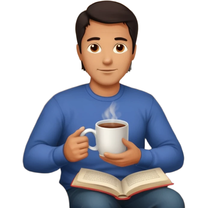 Handsome 45 year old man with dark hair sitting by a fireplace with a hot drink and a book. emoji