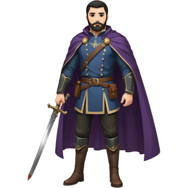 
Hombre de unos 30-40 años, alto, fuerte..
Rostro anguloso, barba bien recortada, cejas marcadas, mirada dura y orgullosa.
Castaño oscuro o negro, peinado hacia atrás.
Ropa de noble — chaqueta ajustada, capa corta, botas altas y espada al cinto. Colores oscuros (rojo vino, negro, granate) emoji