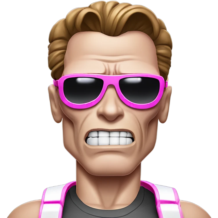Crying Schwarzenegger-like Terminator, upper body only, wearing his iconic clothes in pink (all clothes must be pink), looking more human with minimal robotic details, and wearing dark sunglasses. emoji