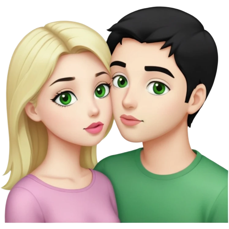 A blonde girl with fair skin and green eyes and light pink lips and a guy with black hair and fair skin and green eyes are kissing emoji