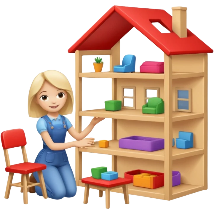 smiling girl arranging furniture in doll house emoji