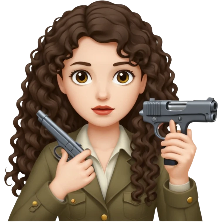 A brunette with long wavy, curly hair girl who is about to kill herself with a littlr gun pointed at her temple emoji