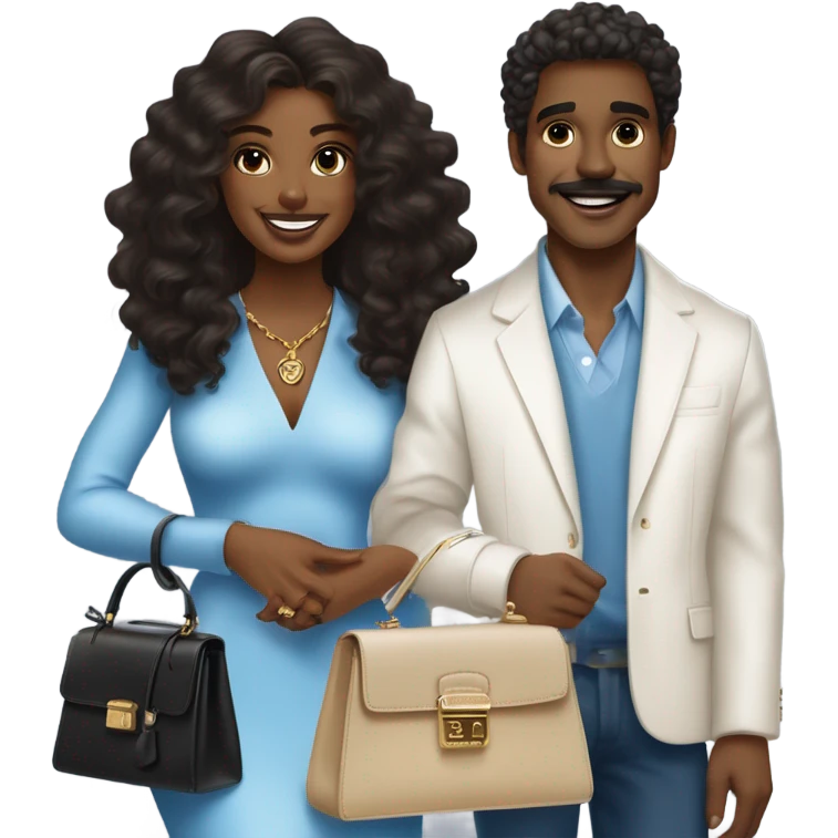 Brown Black woman in her mid-20s with blowout curls, wearing a white dress, holding a blue mini Hermes Kelly BAG, and a 7-carat ring. A White  man with blue eyes, dark grey hair, mustache, and an expensive watch, smiling at her.” emoji