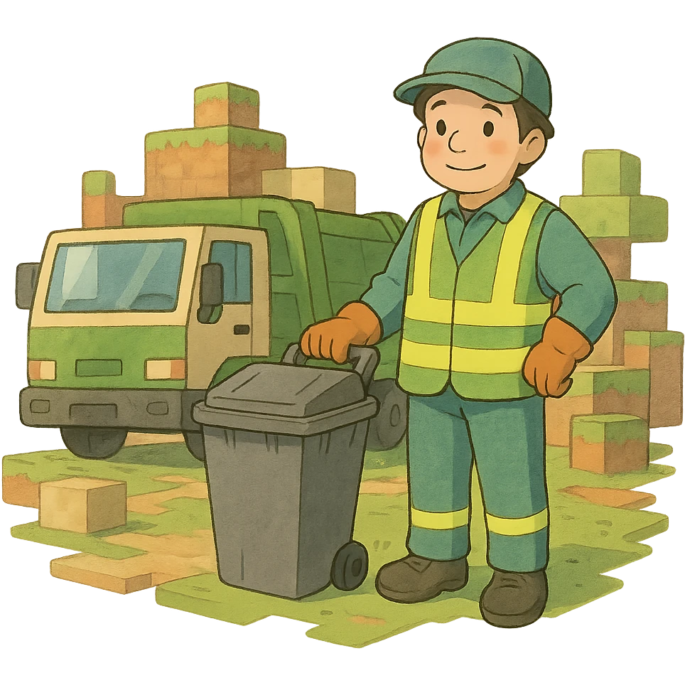 ghibli style garbage man in a Minecraft setting, soft colors emoji