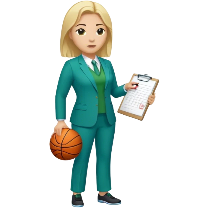 Full Body white plus size female basketball head coach using a clipboard with medium length blonde hair in a blue and green suit emoji