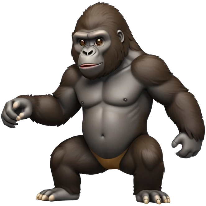cinematic-gorilla-realistic-full-body-on-all-fours-emoji,-exuding-strength,-thick-dark-fur-in-the-light,-head-tilted-dramatically,-deep-friendly-eyes-filled-with-intense-intelligence,-simplified-yet-realistic-focused-features,-highly-detailed, zoomed out friendly  emoji