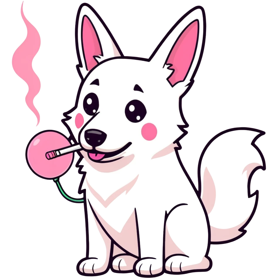 White belgian Shepard smokes a pink bong emoji