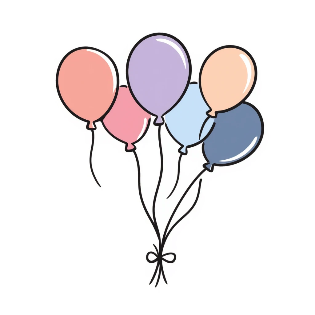 Colorful birthday balloons with strings. Hand-drawn doodle style using pastel colors (pink, light blue, lavender, peach). Simple festive balloon bunch with different shapes and sizes. Celebratory design perfect for birthdays. emoji