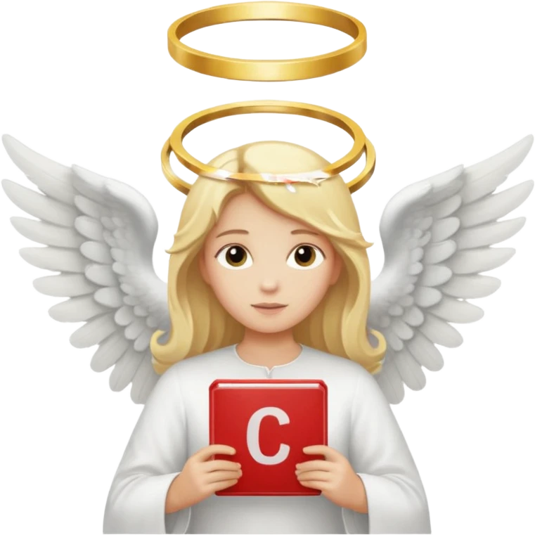 "An angel emoji with blonde hair, a halo, wings, holding a 'COMPARTILHAR' sign in bold letters." emoji