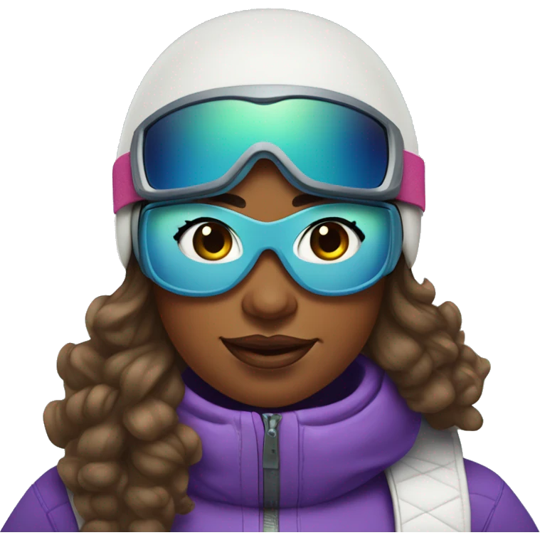 Plus size women with curly straight hair and brown skin snowboarding with snow goggles emoji