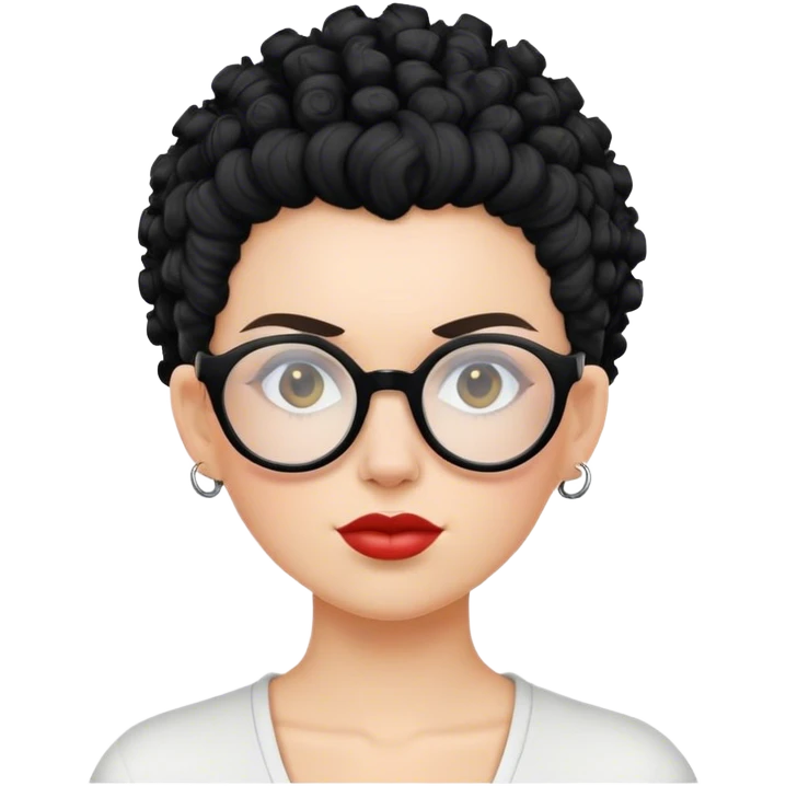 Mulher branca de cabelo moicano preto cacheado e óculos redondo emoji