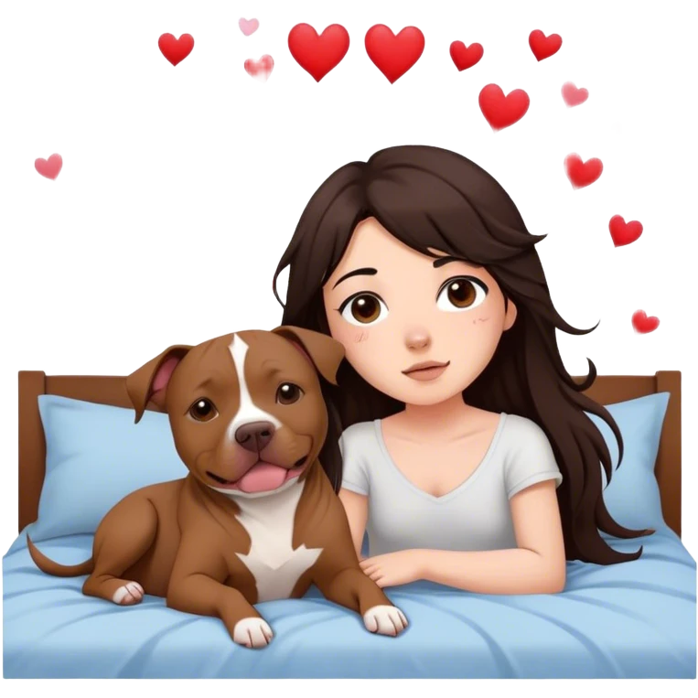 A pretty girl with long dark hair layered  in messy pieces cascading down her face sits on the bed with her brown pit bull  laying beside of her heart is flying all around emoji