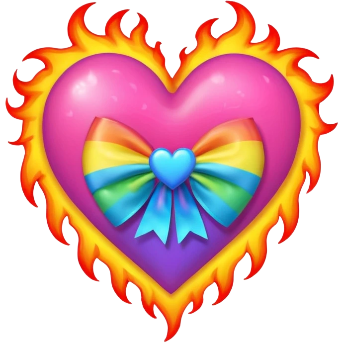 neon heart with a rainbow bow with heart pattern on the bow, with flames emoji