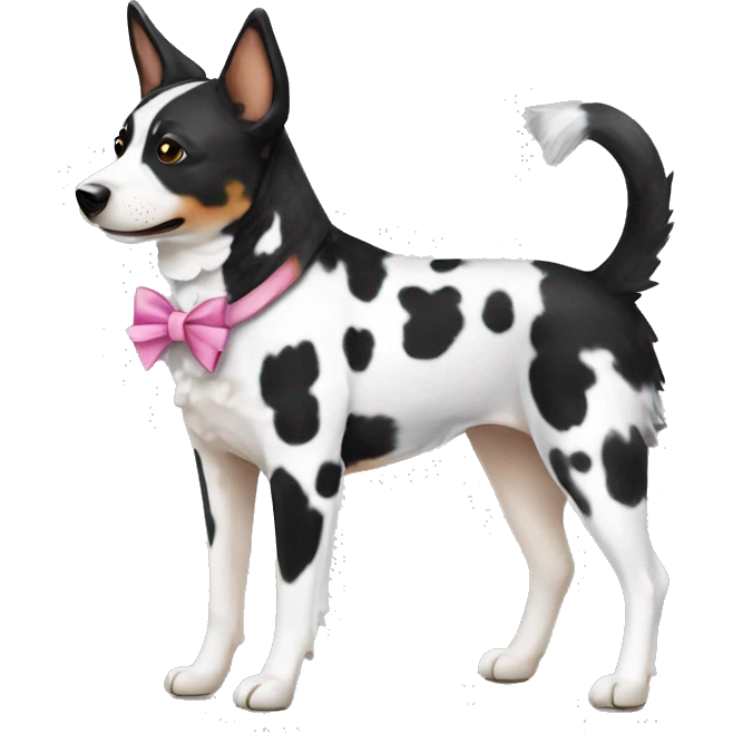 Black and white spotted Australian cattle dog, with bows emoji