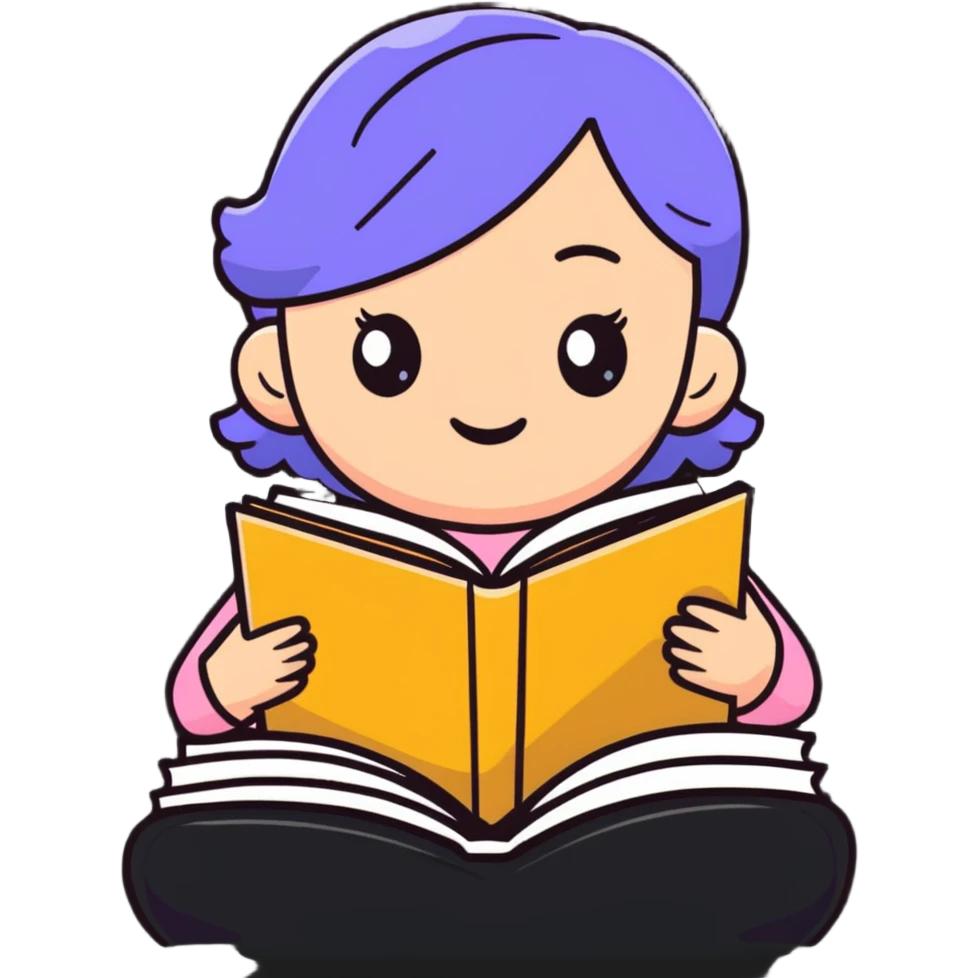 Young girl happily reading a colorful book emoji