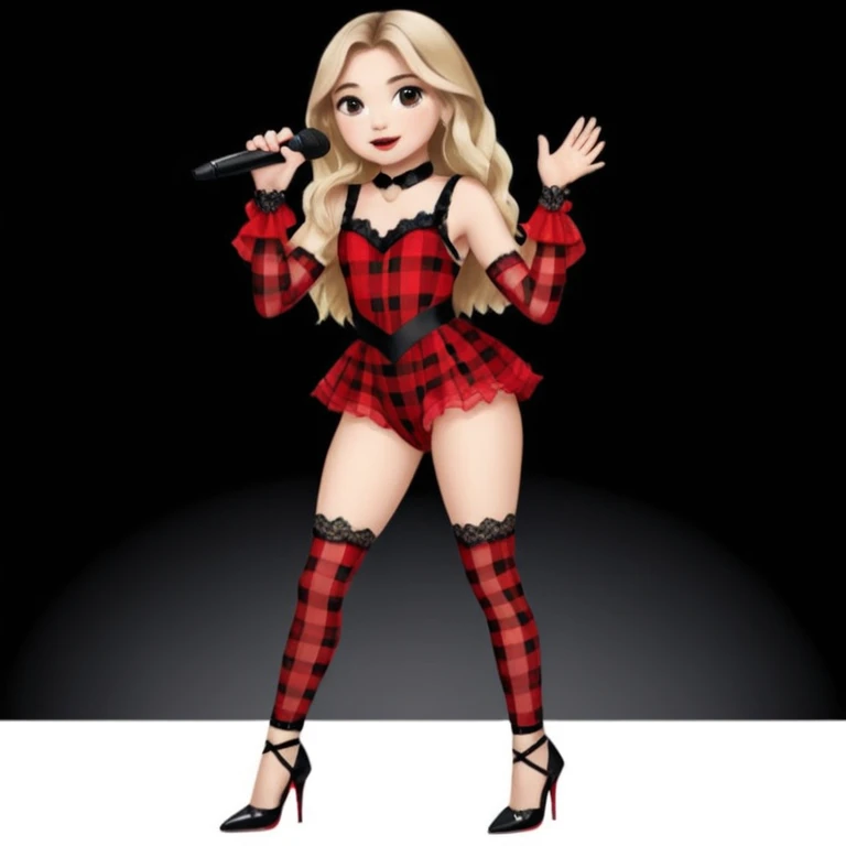 Sabrina carpenter singing at concert wearing a black and red plaid bodysuit a red sheer top covering the bodysuit, a strip of black lace around her leg, black sparkle heels. there is a  huge crowd and light pink stage setting  emoji