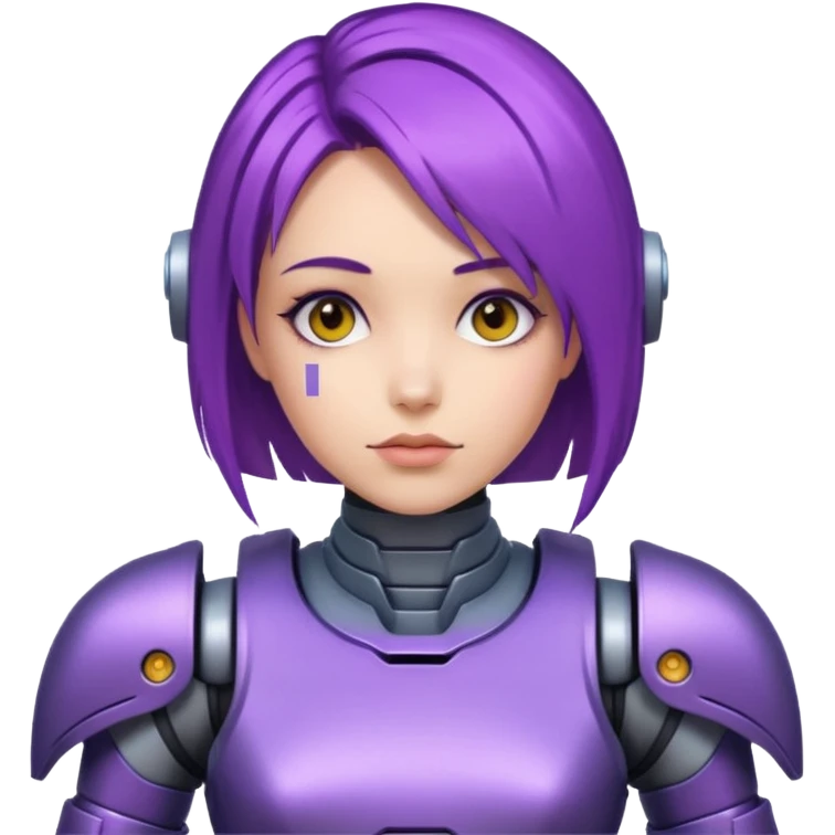 A woman with purple hair and a robot armor emoji