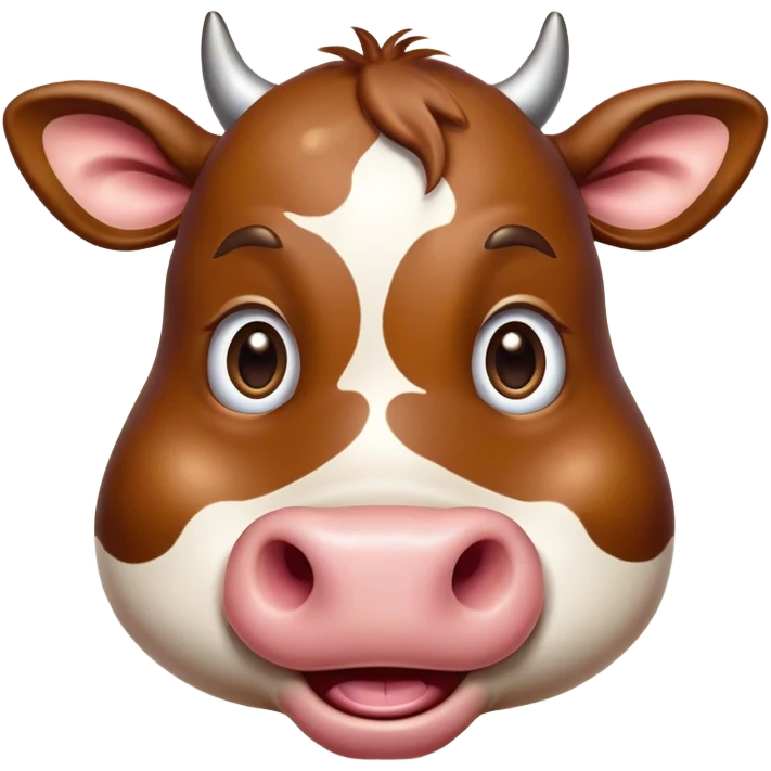 Cinematic Comical Brown Cow Portrait Emoji, Head tilted dramatically with an exaggeratedly amused expression, featuring a striking, glossy brown hide with a playful natural pattern, wide, expressive brown eyes filled with humorous disbelief, Simplified yet hilariously expressive features, highly detailed, glowing with a slightly sassy glow, high shine, dramatic yet playful, stylized with an air of cheeky farmyard mischief, bright and endearing, soft glowing outline, capturing the essence of a spirited and over-the-top cow, so meme-worthy it feels like it could moo its way into internet fame instantly! emoji